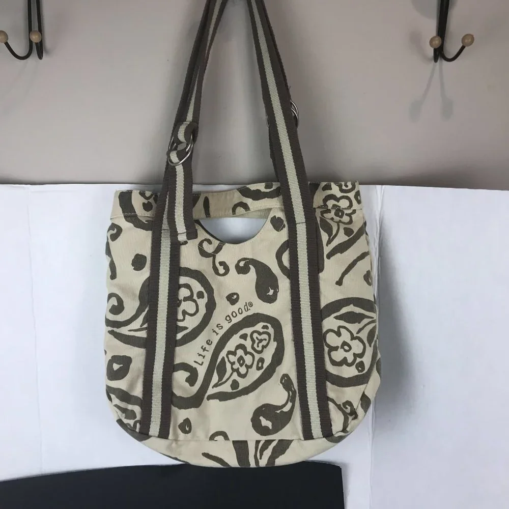 Life is Good Beige and Brown Canvas tote with adjustable straps